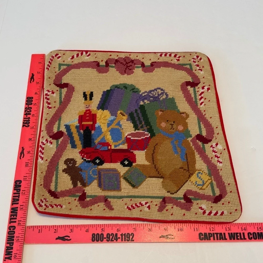 Vintage 1994 Nantucket Red Christmas Needlepoint Pillow Cover 14x14 Bear Toys